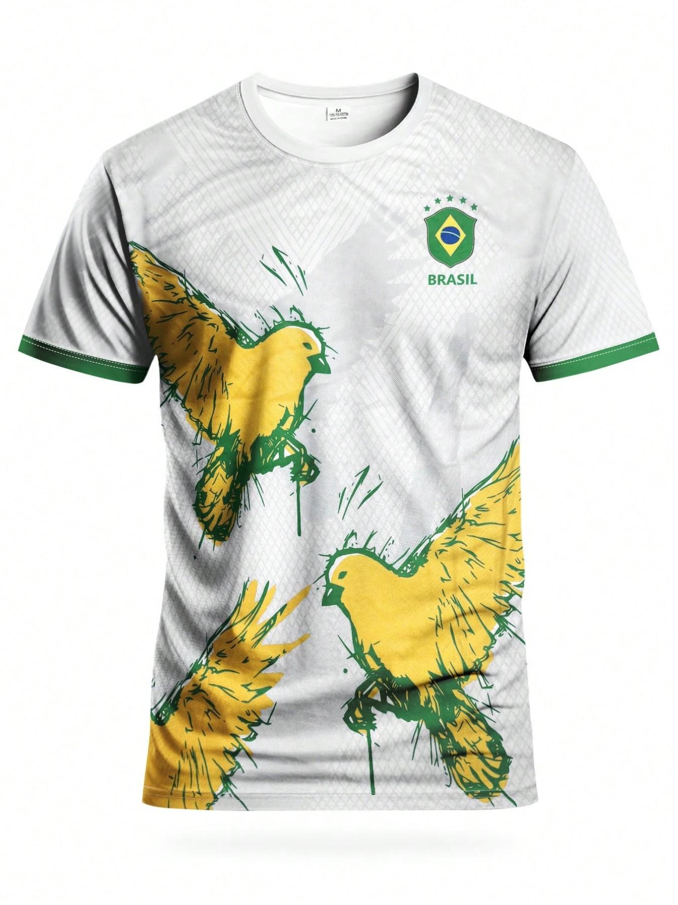 Men's Brazil Special Edition Art Print Soccer Jersey, Bird Graphic, Short Sleeve, Fitted, Casual, All Seasons, Fan Apparel