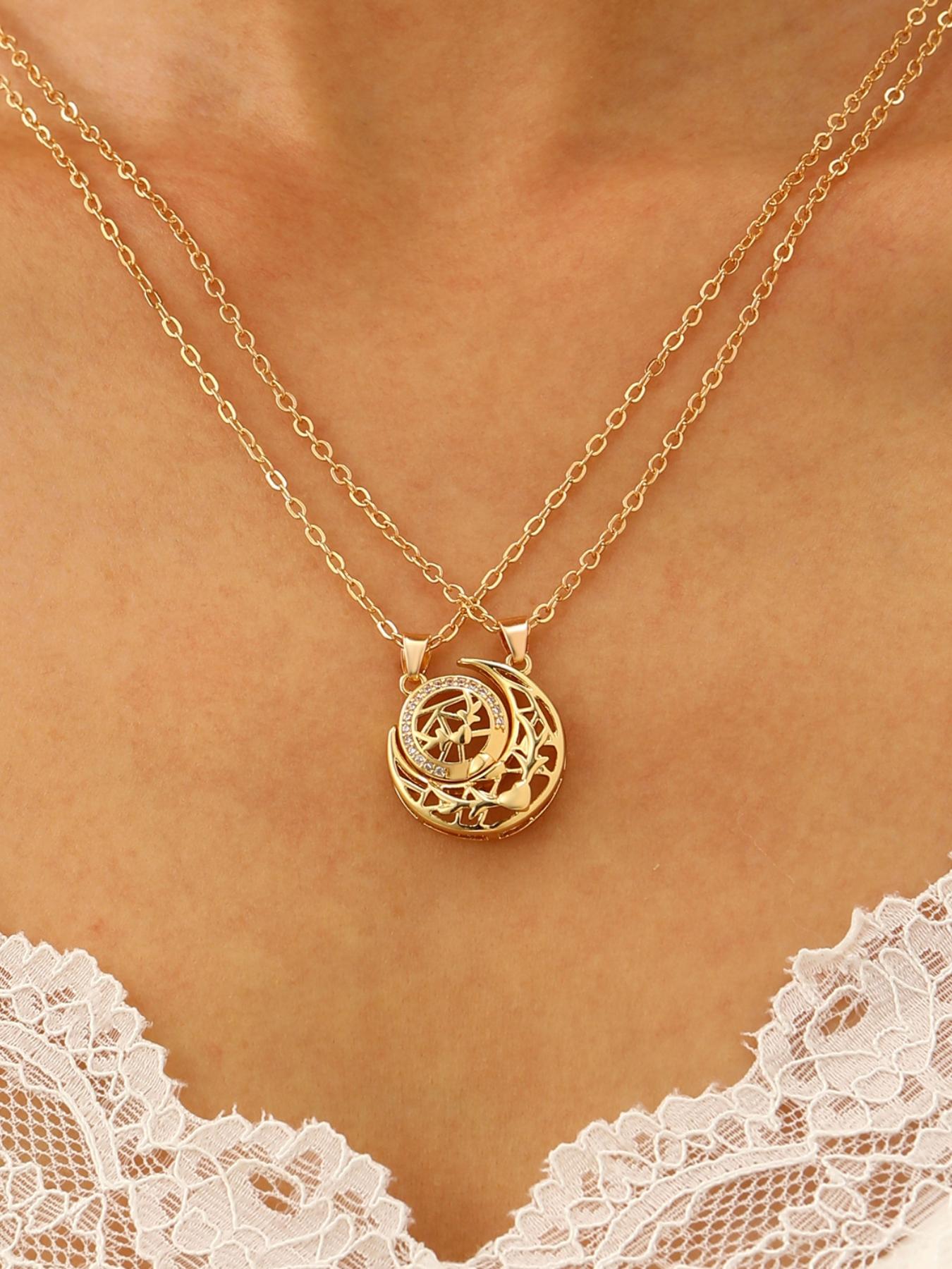 Trendy Gold Sun Moon Necklace Set, Dainty Celestial Pendant with Interlocking Design, Stylish Boho Choker for Girlfriend Wife, Perfect Valentine's Day Gift