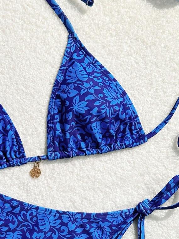 Women's Blue Textured Triangle Bikini Set, Halter Neck Tie Design, Sleeveless Thong Bottoms, Perfect for Beach Vacation & Pool, Floral Bikini Bottom