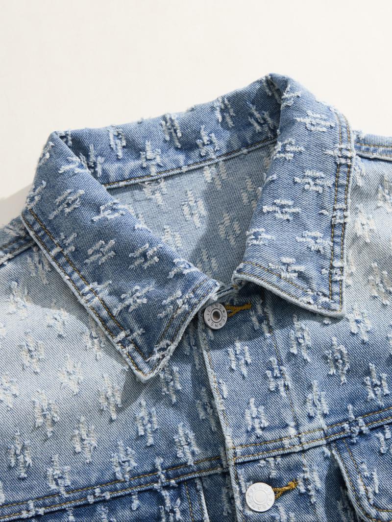 Men's Trendy Street Style Washed Light Color Single Button Long Sleeve Denim Jacket, Casual Ripped Jean Coat, Perfect Gift for Boyfriend