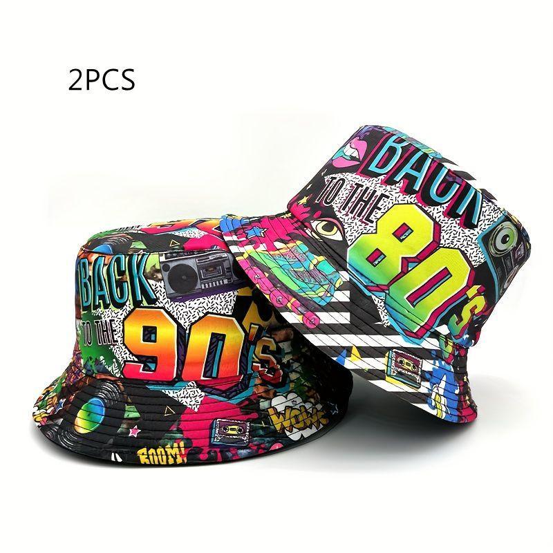 Vintage Unisex Floral Snapback Bucket Hat - 80s Design Polyester Beach Cap, Colorful Retro Multi Color Festival Inspired Printed Graphic Hat, Ideal for Beach Trips & Casual Outings, Snapback Hat, Colorful Retro Hats