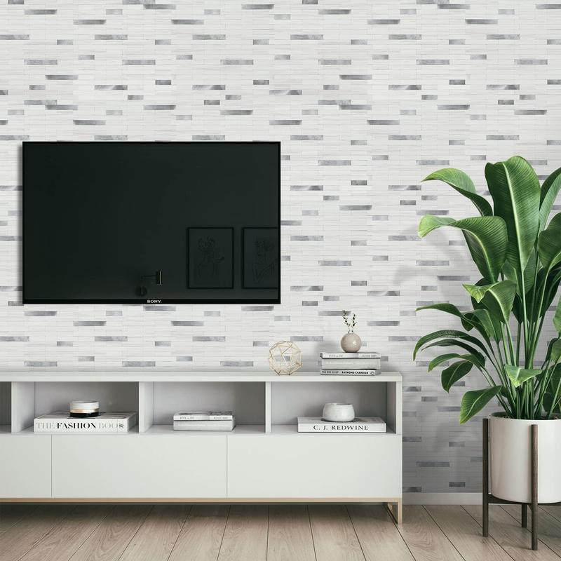 STICKGOO 10 Sheets Peel and Stick Backsplash Tile, Stick on Backsplash for Kitchen and Bathroom, Dolomite White Marble Look PVC Mixed Metal Silver Self Adhesive Wall Tiles