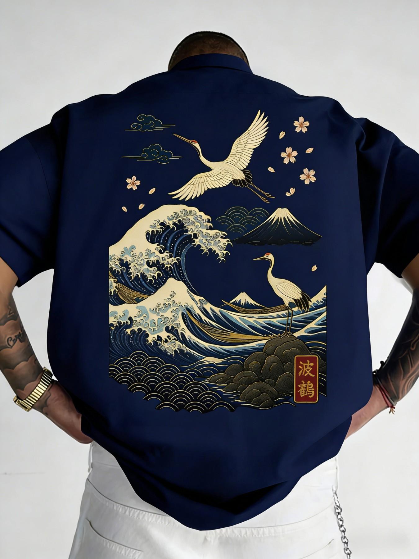 Men's Plus Size Loose Fit Round Neck Short Sleeve T-Shirt, Wave and Crane Print, Asymmetric Japanese Art Design, Beach Music Festival Daily Wear