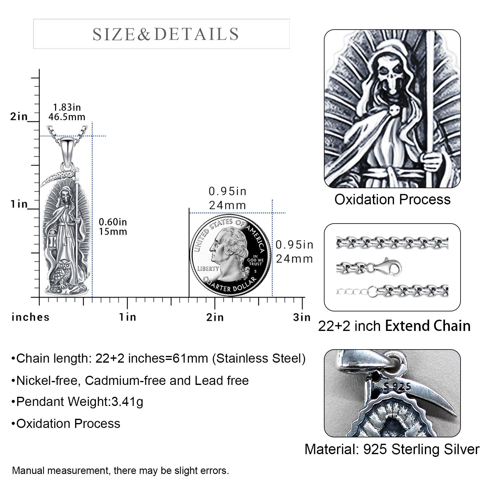 Sebina La Santa Muerte Necklace 925 Silver Penadnt for Men & Women Skull Jewelry Grim Reaper Scythe Amuleto Skull Owl Grim Reaper Necklace Gift Adjustable Chain Length
