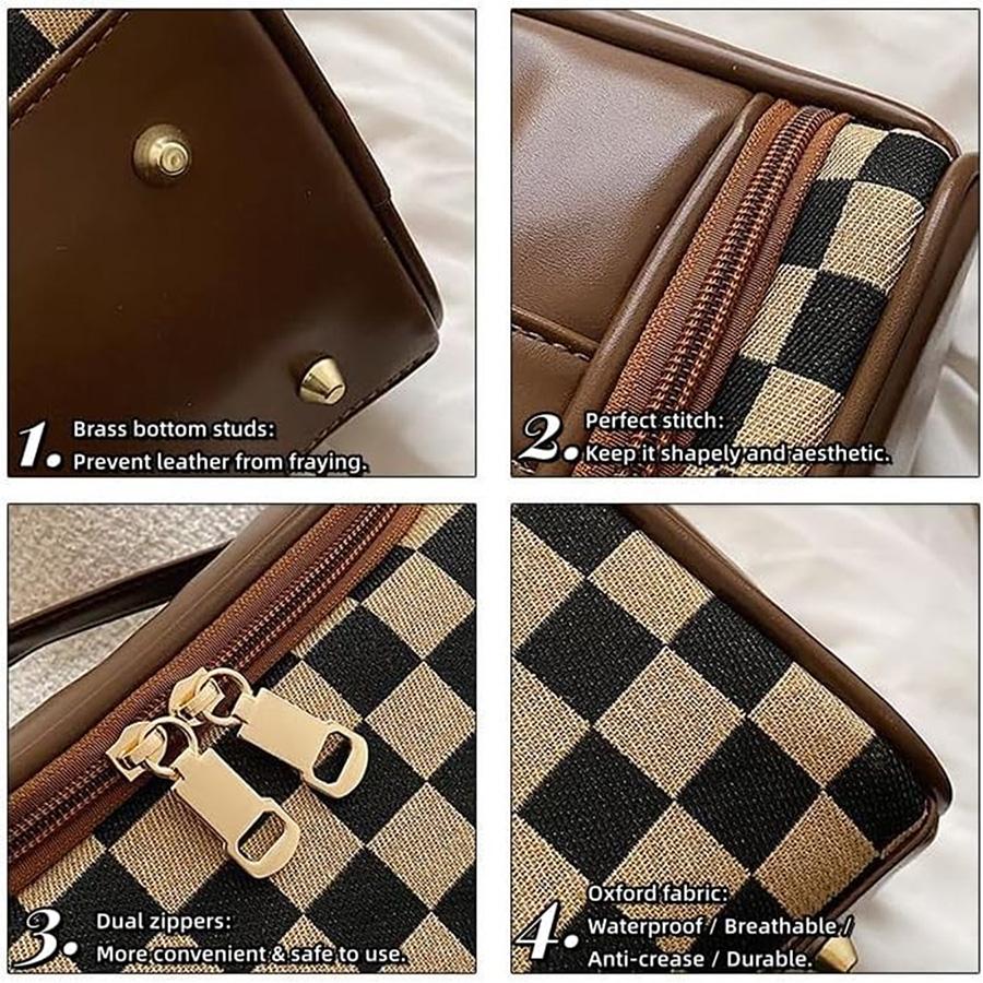 Checkerboard Pattern Makeup Bag with BottomStuds,Fashionable Cosmetic Storage Bag, CasualVersatile Zipper Makeup Organizer Pouch forWomen & Girls