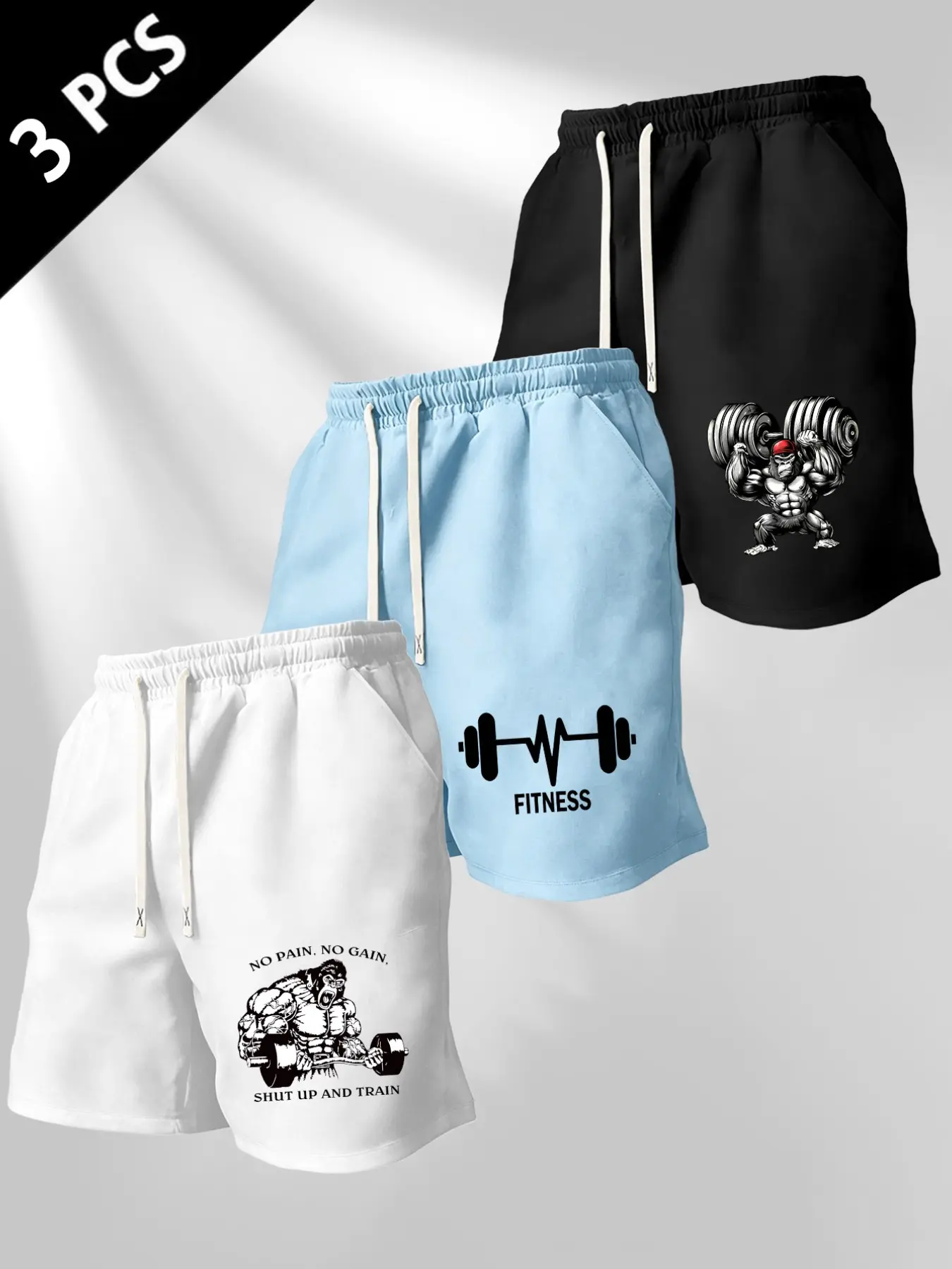 Three-Pack Men's Drawstring Waist Gym Shorts, Gorilla Dumbbell Motivational Print, Casual Gym Training with Pockets, Streetwear Style