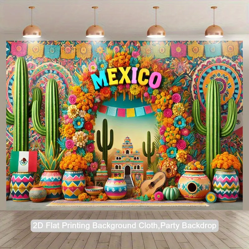 Multicolor Mexican-Themed Polyester 2D Flat Backdrop Tapestry Banner - Print with Cacti, Papel Picado, Sombrero Designs for Indoor/Outdoor Parties, Studio Props - Wall/Room Decor, No Electricity Needed