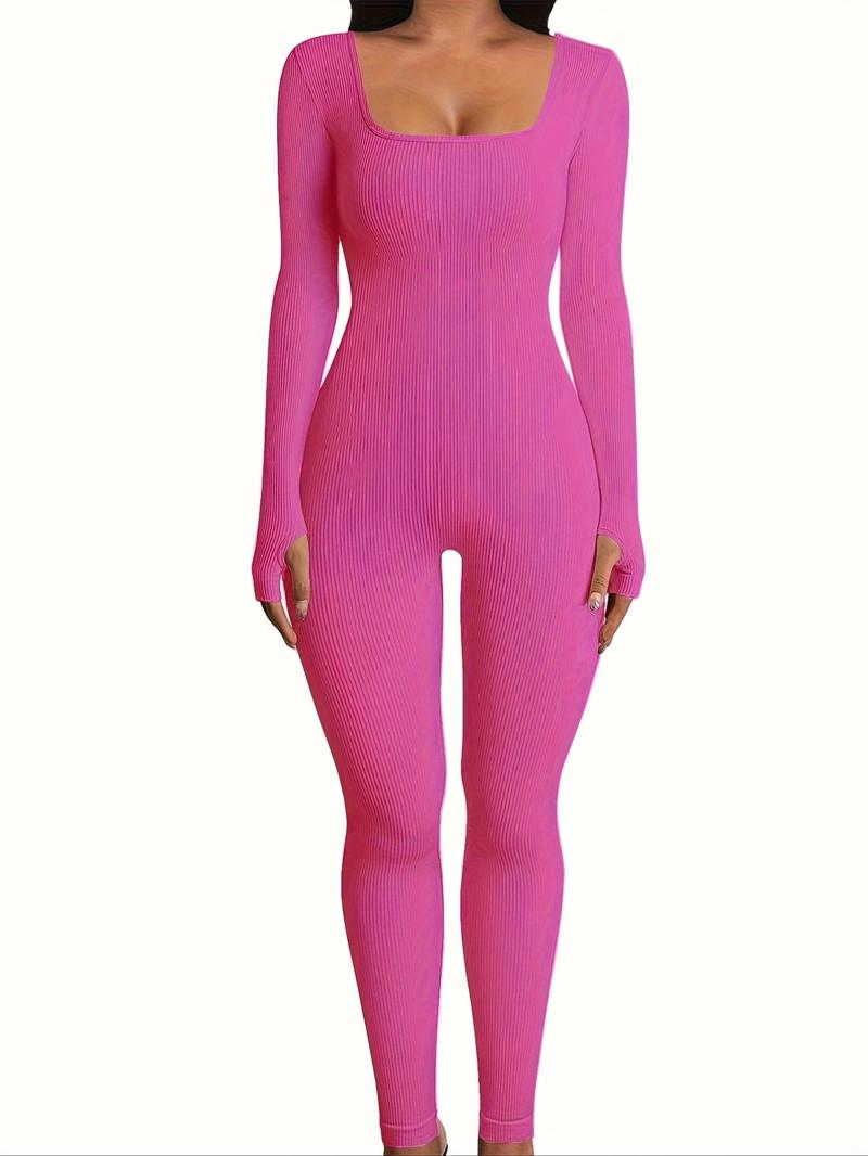 Women's Ribbed Thumb Hole Design Lounge Jumpsuit, Slim-Fitting Home Wear for All Seasons, Women's Loungewear Footed Jumpsuit