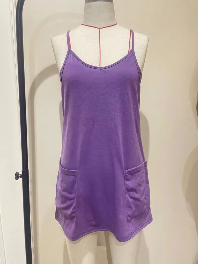 Women's Plain Stretchy Pockets Romper with Built-In Shorts, Scoop Neck, Comfortable Breathable Fabric, Casual Wear, Sleeveless Activewear