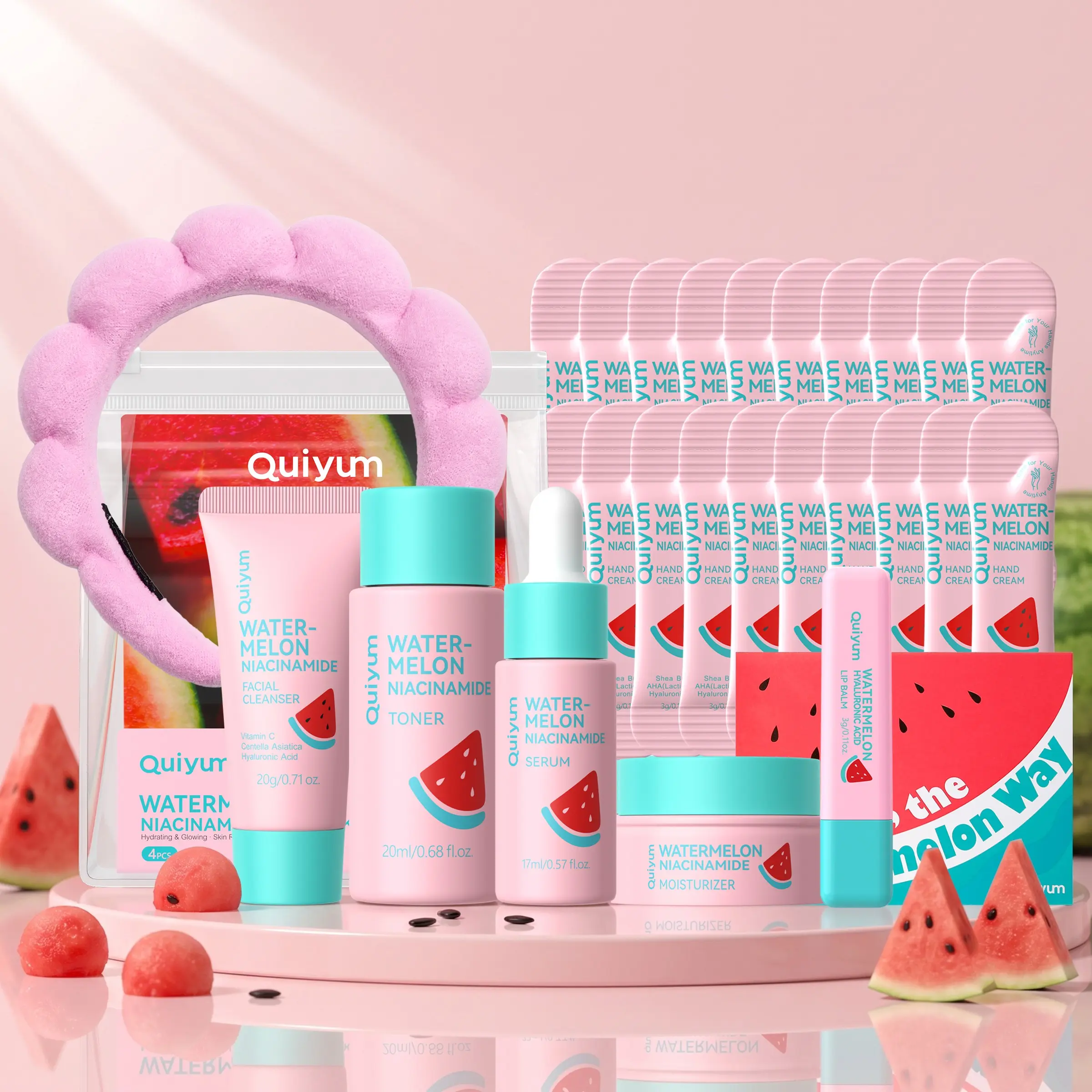 Watermelon Niacinamide Facial Skincare Kit, Travel Size Skincare Set for Women, Hydrating Travel Size Toiletries Essentials with Cleanser Toner Serum Cream Lip Balm Hand Cream, TSA Approved Travel Care Set