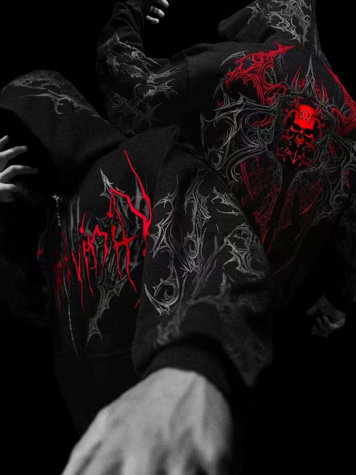 Men's Printed Hoodie, Winter Sportswear, Casual Kangaroo Pocket, Warm Wool Lined Pullover, Full Zipper, Print, Fall & Winter Clothing, Casual Fit Streetwear