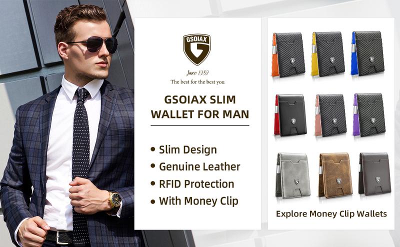 GSOIAX Mens Slim Wallet with Money Clip,RFID Blocking Minimalist Genuine Leather Carbon Fiber Wallet, 11 Card Slots Bifold Credit Card Holder With Gift Box