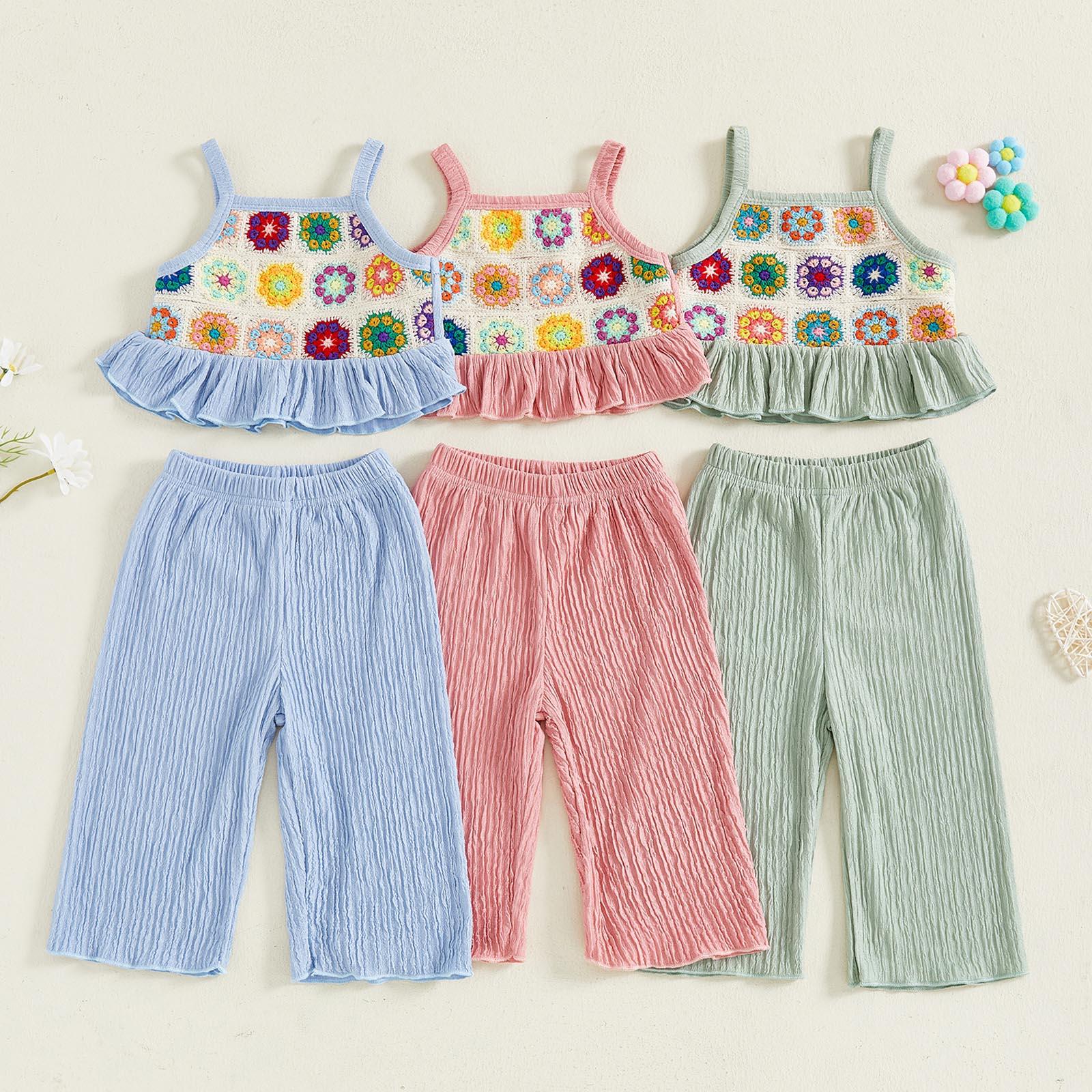Toddler Girls Two Piece Outfits Crocheted Flowers Fruit Ruffled Camisole Tops Elastic Waist Long Pants Baby Children Summer Clothes #Summervibes