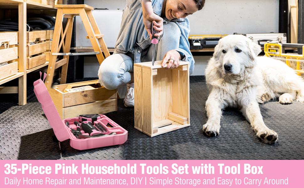 #fathersdaygift WORKPRO 35-Count Pink Tools Set, Household Tool Kit with Storage Toolbox, Basic Tool Set for Home, Garage, Apartment, Dorm, New House, Back to School, and as a Gift - Pink Ribbon