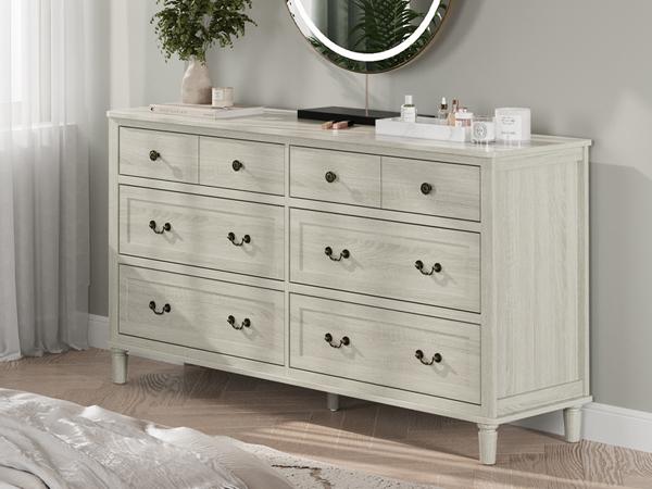 RoyalCraft  6 Drawer Dresser, 58" Wide Chest of Drawers with Large Metal Handle, Modern Wood Drawer Organizer for Bedroom, Living Room, Hallway, Closet, Light Grey