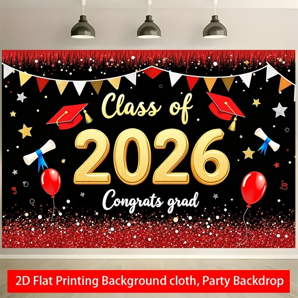 2D Flat Banner 2026 Graduation Backdrop, Red and Golden Glitter "Class of 2026" Design, Hanging Cloth for Graduation Photos & Indoor Wall Decoration