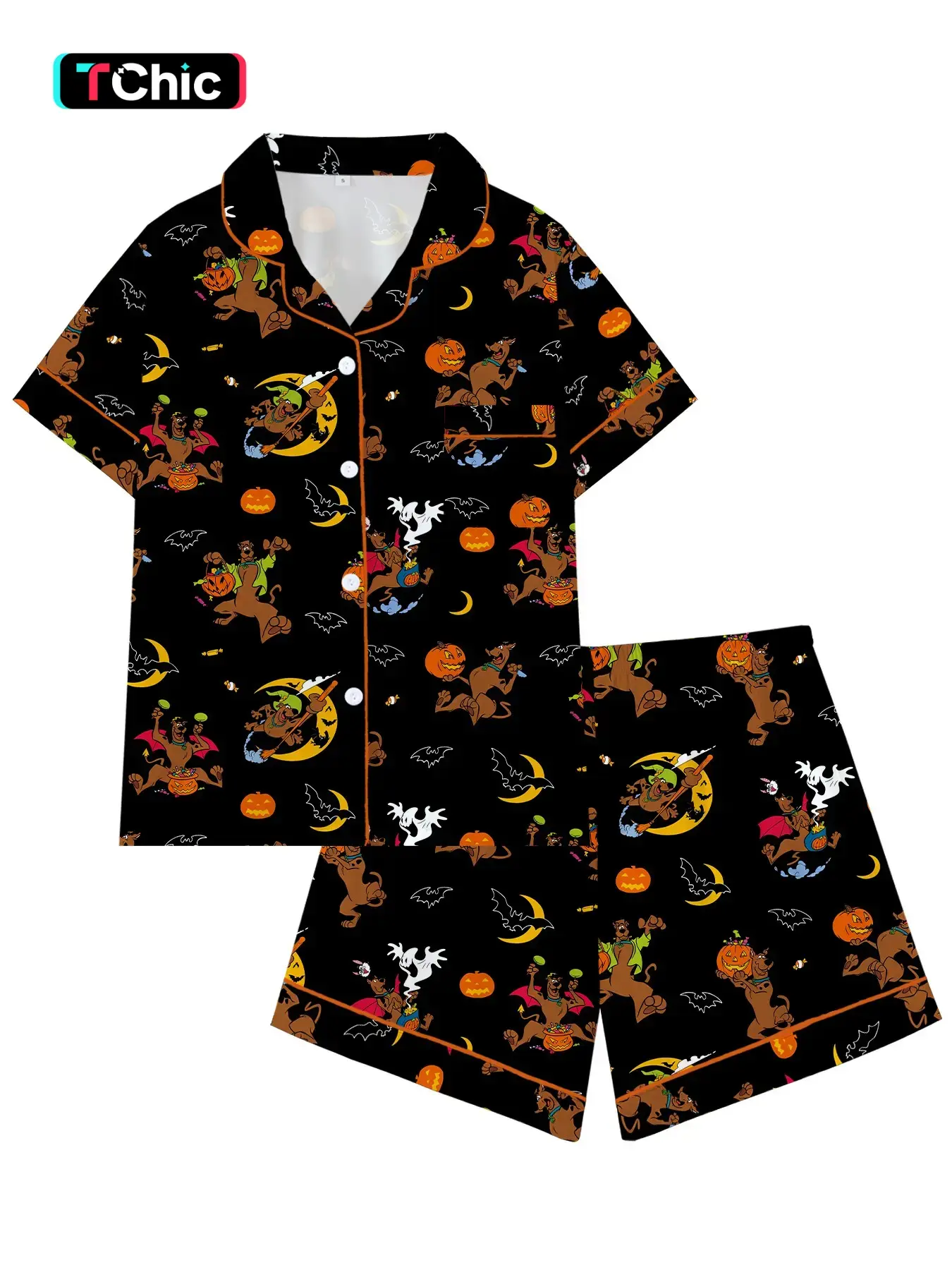 Halloween Cartoon Healing Style Retro Dog Cute Collar Short Sleeve Pajama Set, Comfortable Sleepwear for Home and Outdoors, Perfect Gift