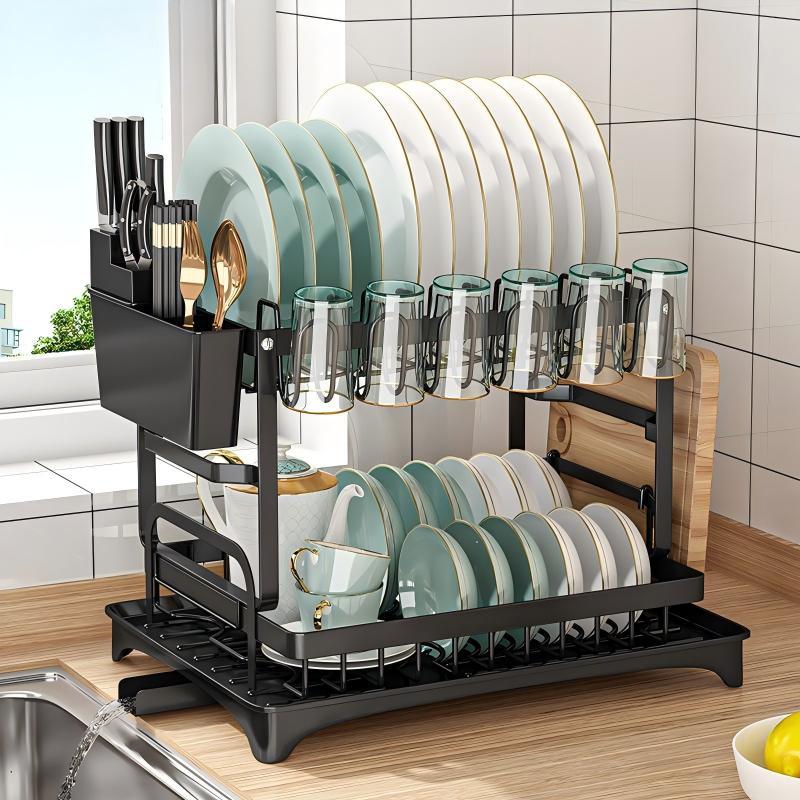Thick Two-Layer Kitchen Drying Rack with Bottom Tray, Large Capacity Cutlery Drying Rack, Multi-Functional Storage Organizer for Kitchen