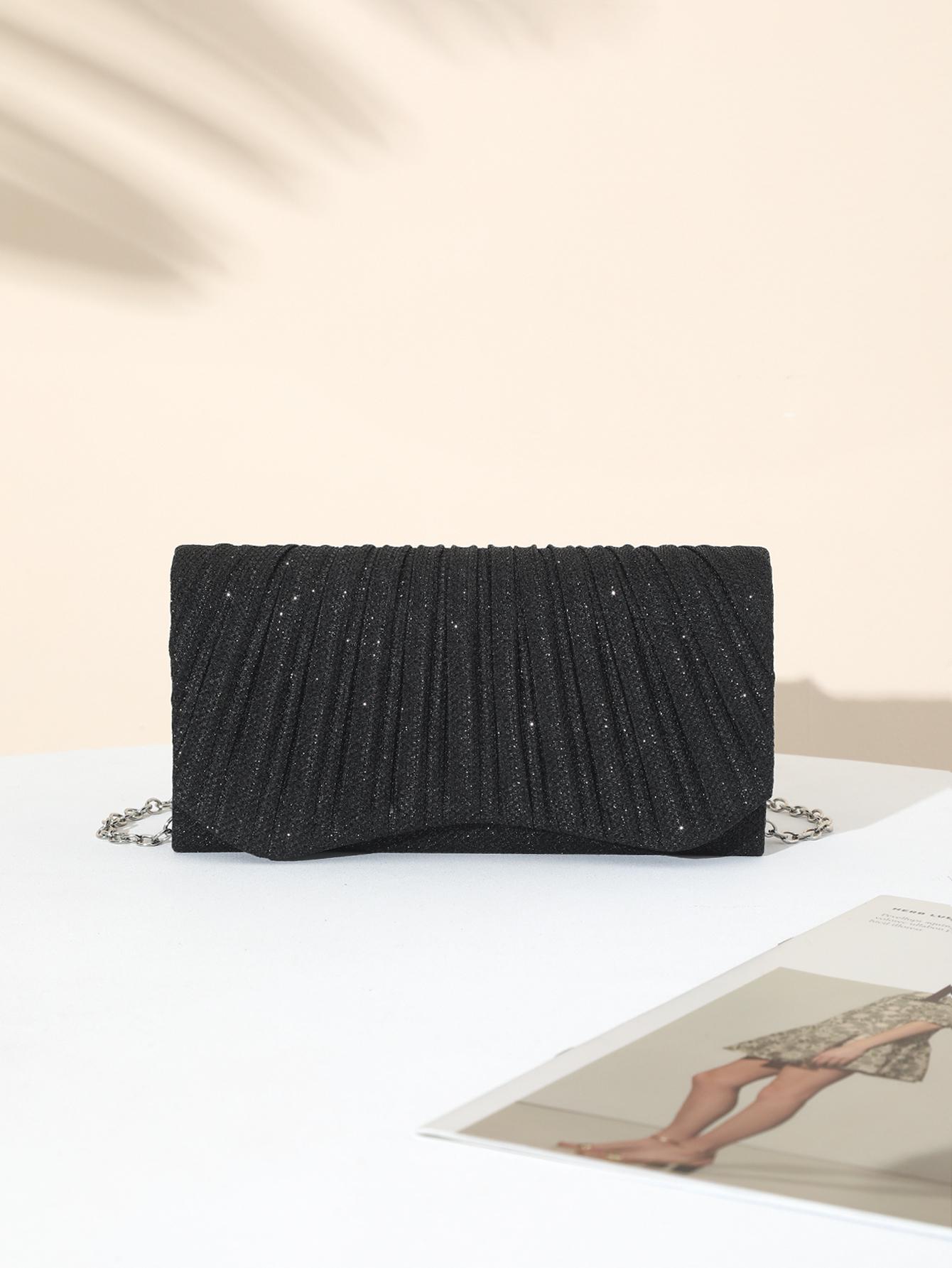 Rhinestone Decor Pleated Clutch Bag, Elegant Handbag for Party and Events, Fashionable Shoulder Crossbody Chain Bag, 1pc