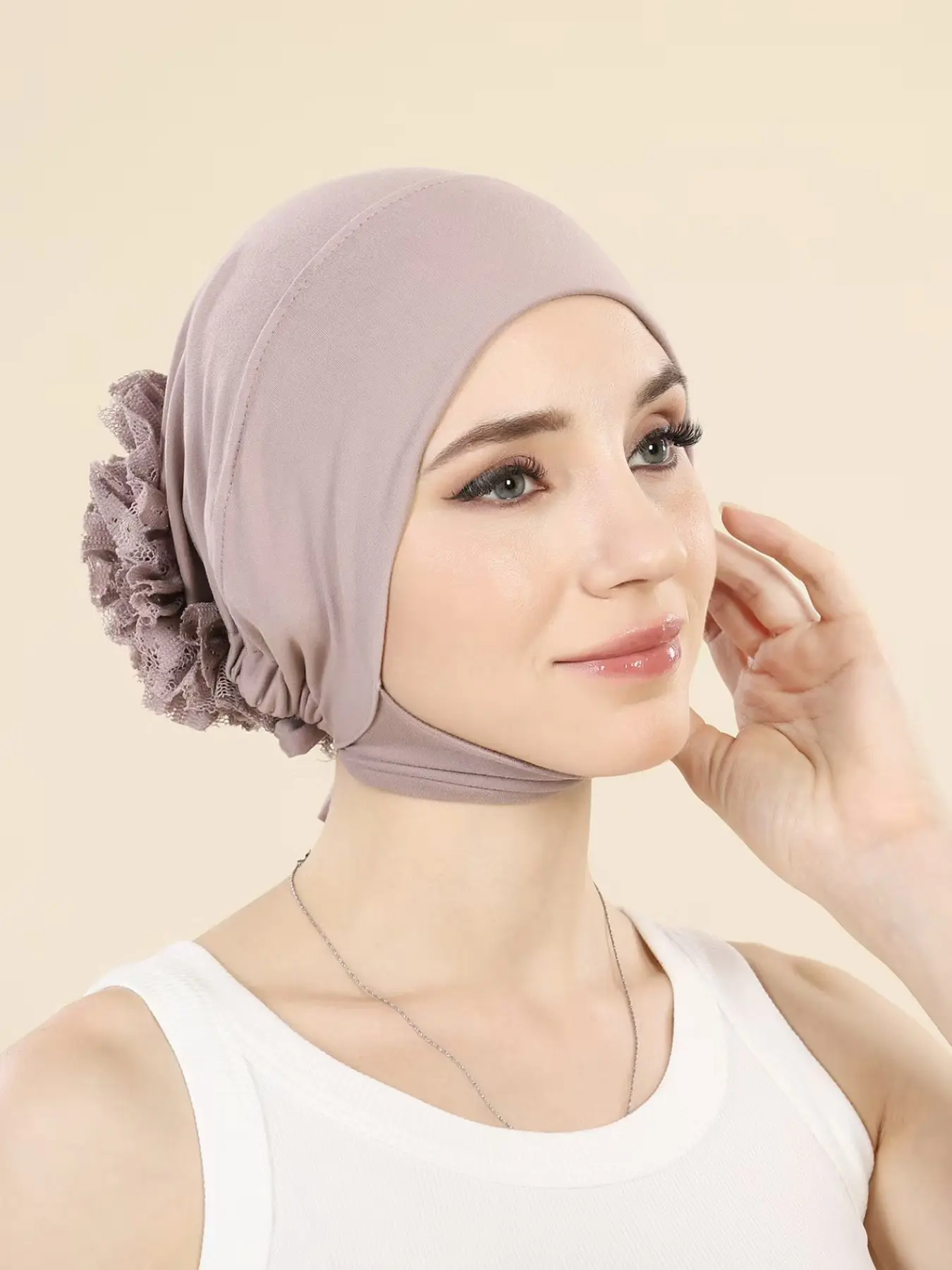 Muslim Lace Flower Base Headscarf Hat, Adjustable Back Pleated Ninja Inner Cap, Women's High Elastic Modal Hair Cover Hat