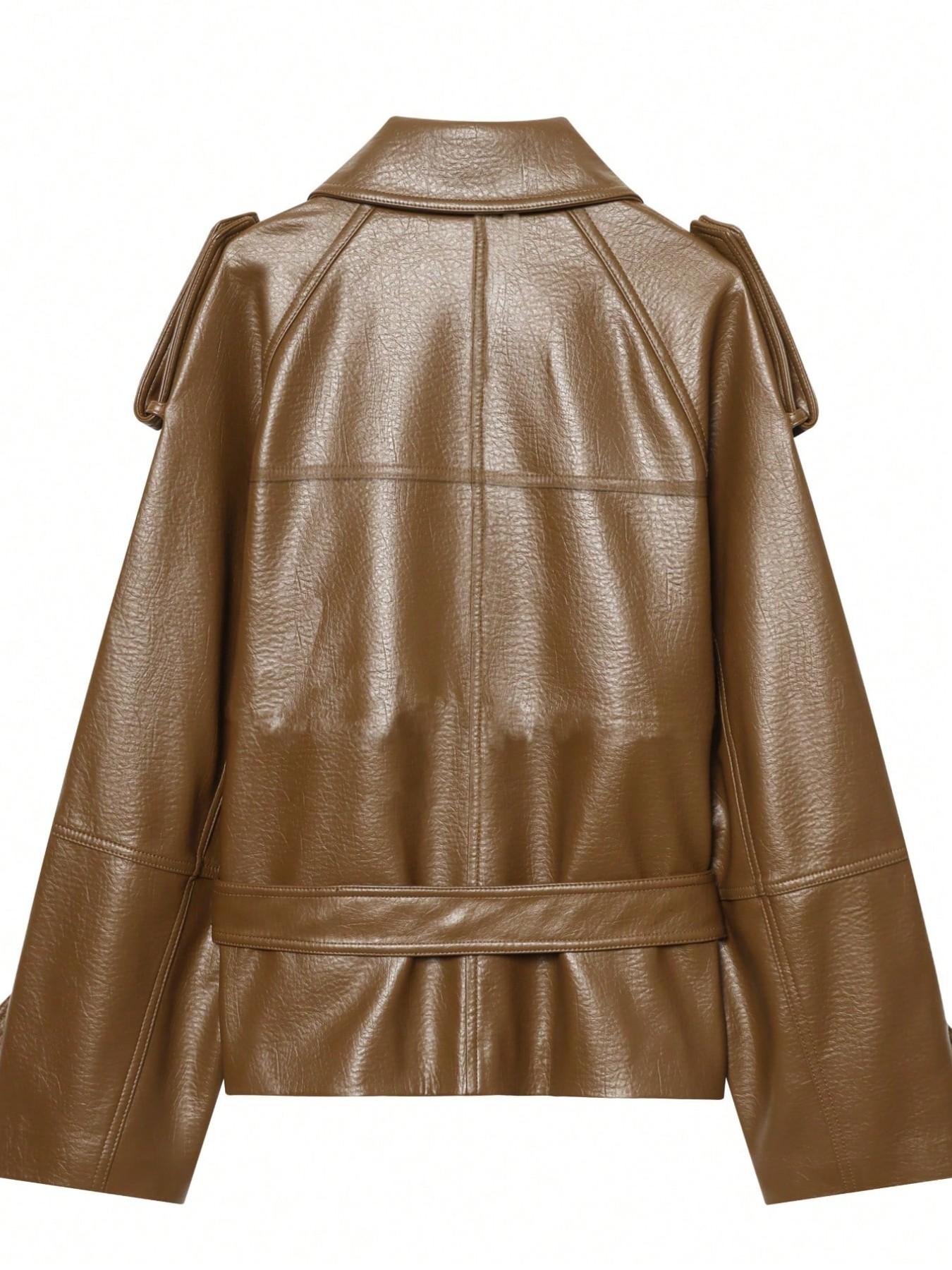 Meadow Style Vintage PU Leather Jacket Women, Belted Waist Turn-Down Collar, French Retro Double Button, Loose Fit Short Coat