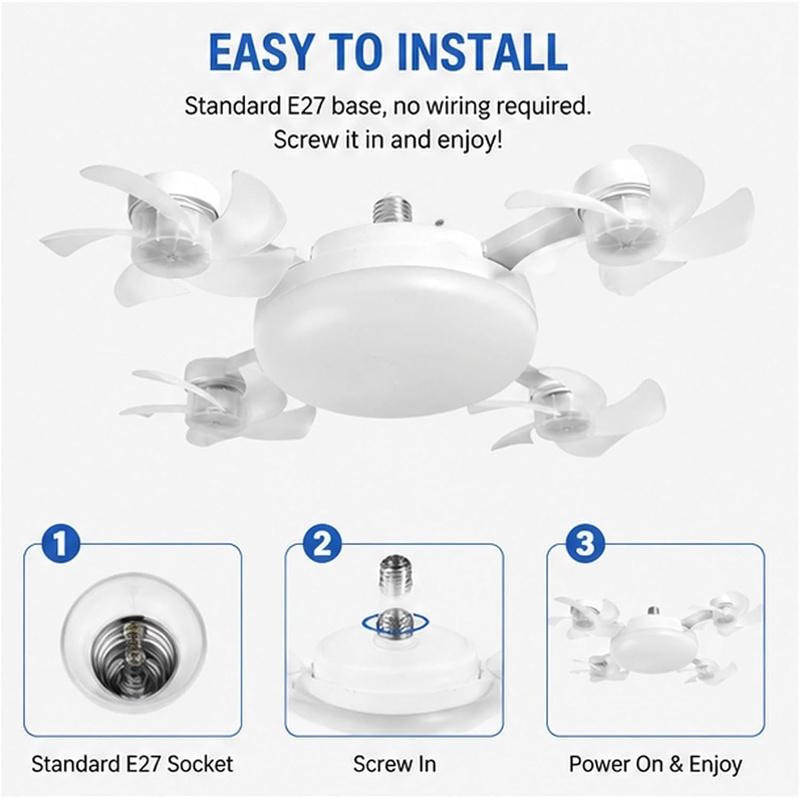 E27 Socket Ceiling Fan Light 2 in 1 Silent LED Fan with Remote Control, E27 Screw in Ceiling Fan in Light Socket, 3 Color and 3-Speeds Adjustable, Easy Install for Home (4-Heads)