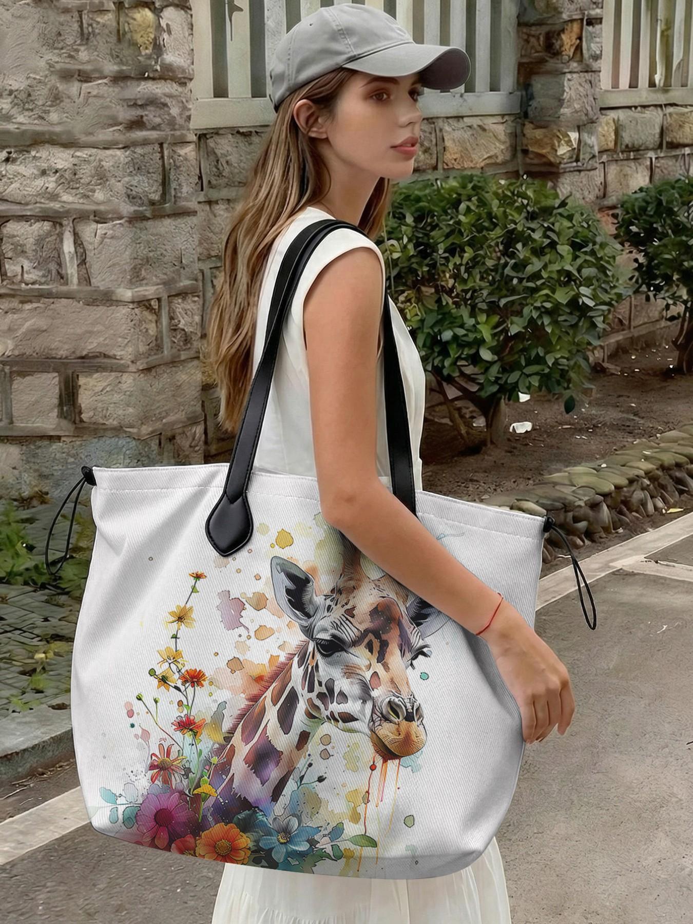 Giraffe Pattern Drawstring Stylish Tote Bag, Large Capacity Shopping Bag, Durable and Wear-Resistant, Random Print, All Seasons Use