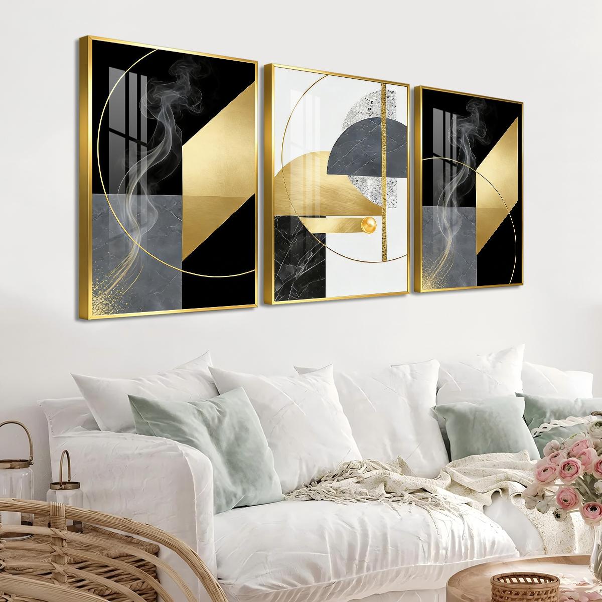 3 Counts Aluminum Alloy Framed Painting, Abstract Geometric Gold And Black Art Pictures, Home Decoration For Living Room, Bedroom, Office, Restaurant, Hallway Wall Decor, Odorless Print Artwork, Luxury Perfect Gift For Friends And Family