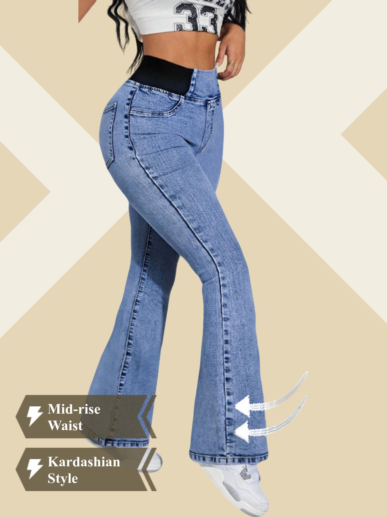 GILIPUR Y2K 2026 Women's Back Shirred Jeans, Mid - Rise Elasticity Waist Flared Jeans, With Pockets, Light Blue Washing Process, Kardashian Style, Women's Bell - Bottoms Wide - Leg Jeans, Waist - Cinching Design, Tchic Pants