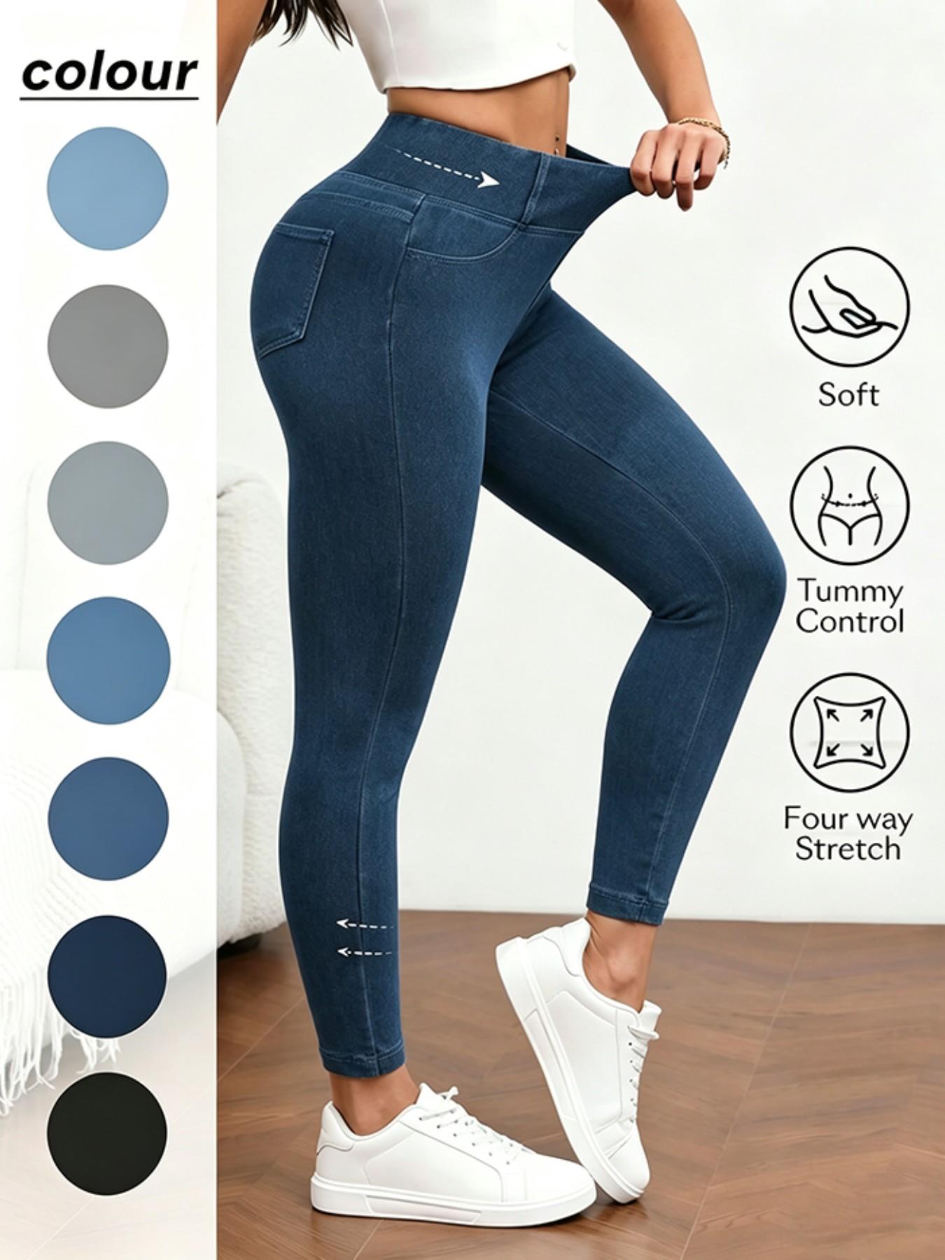 Women's High-Waisted Compression Denim Long Pants, Ultra-Elastic Waistband, Stretchy Slim Fit Streetwear, Casual Jeans