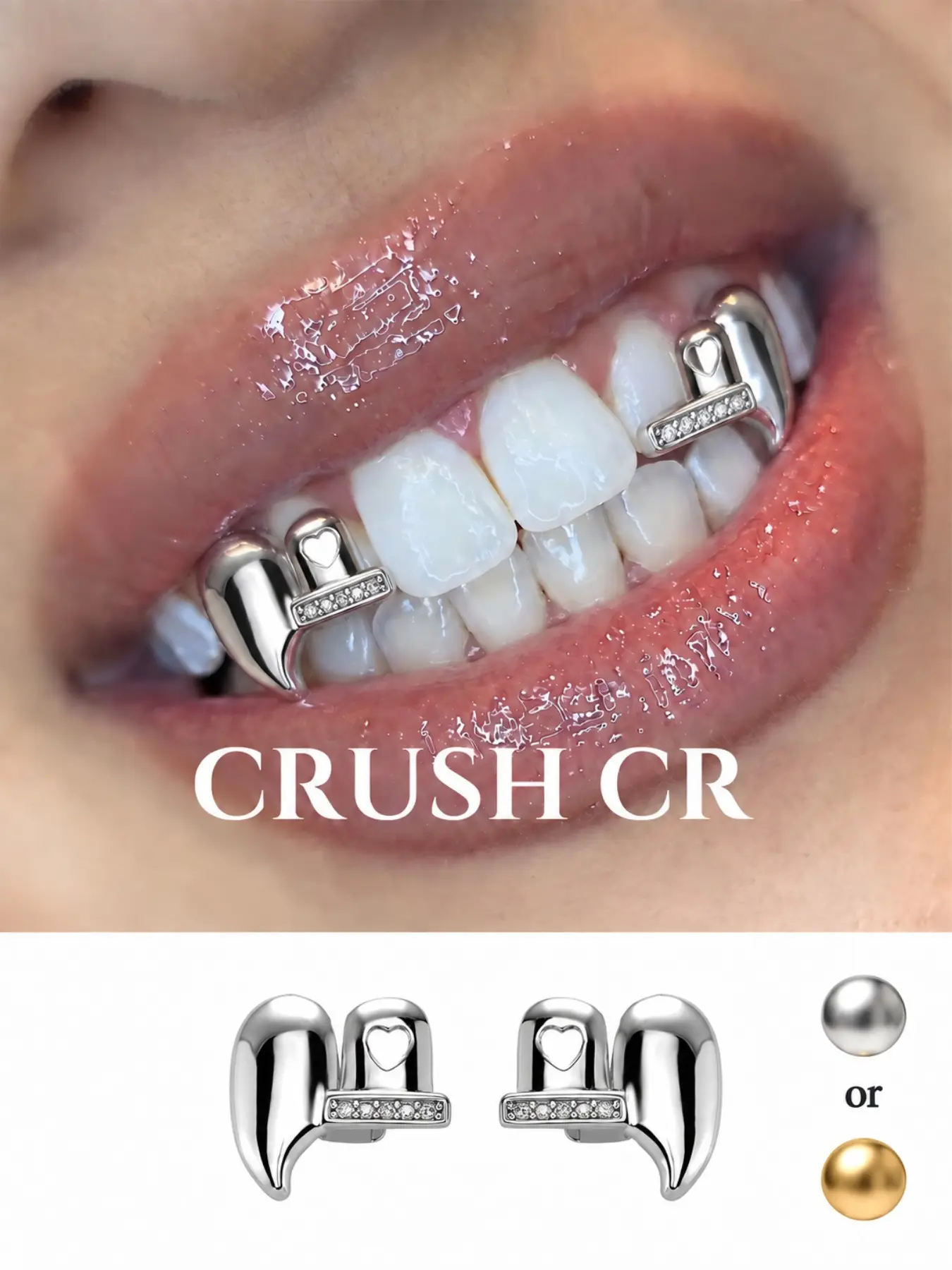 CRUSH CR Y2K Aesthetic Fang Grillz for Men & Women, Gold/Silver Plated CZ-Encrusted Teeth Caps, Teeth Accessory, Great for Alt Outfits, Festivals, Raves & Edgy Streetwear