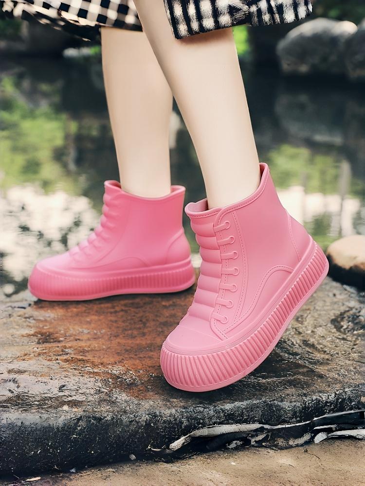 All-Around Vertical Deep Ridged Heighten Thick Sole Women High Top Rain Boots, Fluorescent Bright Green Matte Waterproof Rubber Shoes For Light Camping Lake Photo Trip Footwear