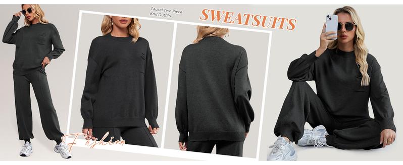 SuperPrity Two Piece Sweater Set for Women Casual Long Sleeve Outfits Crew Neck Pullover Top with Sweatpants Knit Jogger Set
