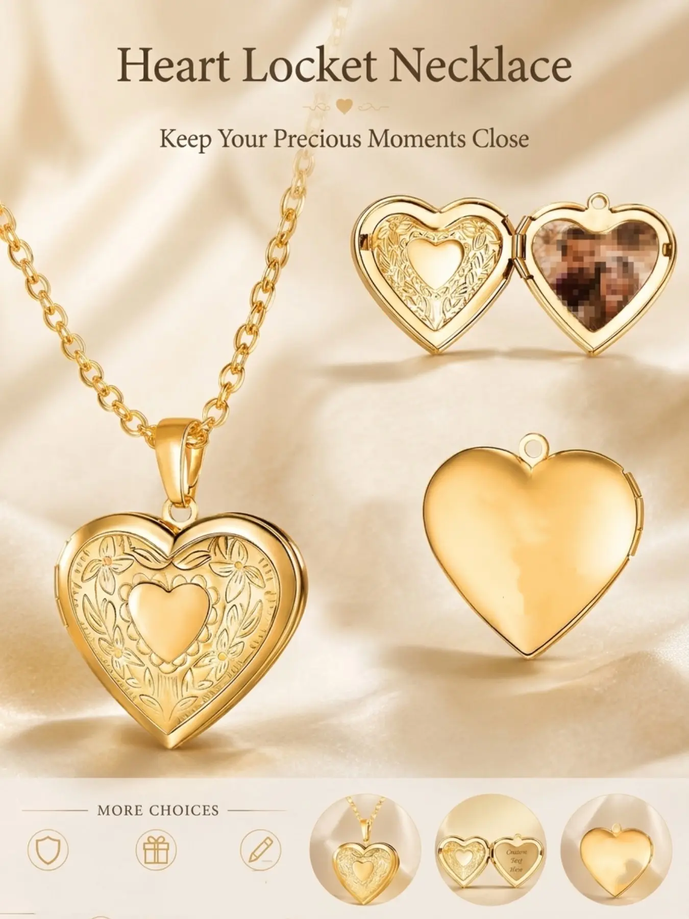 1 Pcs Heart Photo Locket Necklace Vintage Luxury Embossed Floral‑Style Engravable Custom Text Openable Storage Gold‑Plated Stainless‑Steel Pendant Jewelry For Women Daily Dating & Anniversary Gift‑Giving