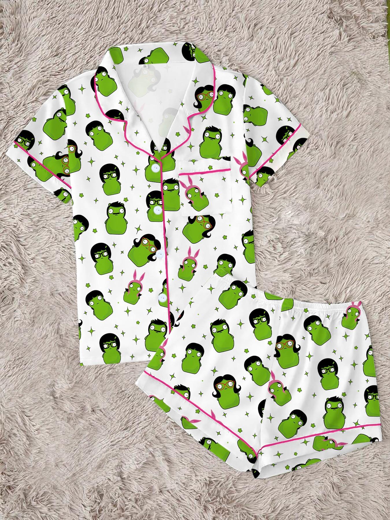 Adorable Cartoon Alien Print Women's Pajama Set Loungewear Pajamas, Comfortable Wear-Home Two-Piece, Short Sleeve Button-Up Top & Elastic Shorts, Casual Homewear Loungewear Nightwear Pjs Pyjamas Gift