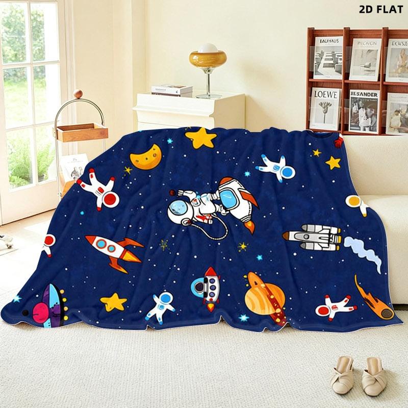 Space - themed Printed Throw Blanket, Single - sided Printed, Multiple Specifications Available, Soft Comfortable for Nap/Indoor Use, Whimsical Astronaut Rocket UFO Design, Ideal for Relaxing & Decorating