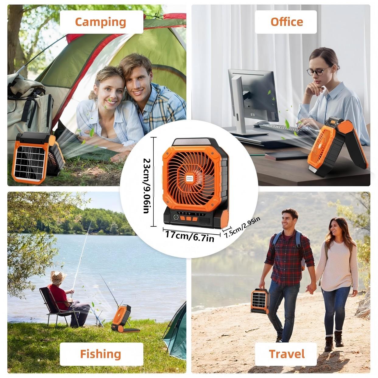 New Solar Powered Outdoor Fan with Solar Panel, Portable USB Charging, 4 Speeds, 3 Light Modes, Ultra Quiet, Timer, Camping Tent Fan