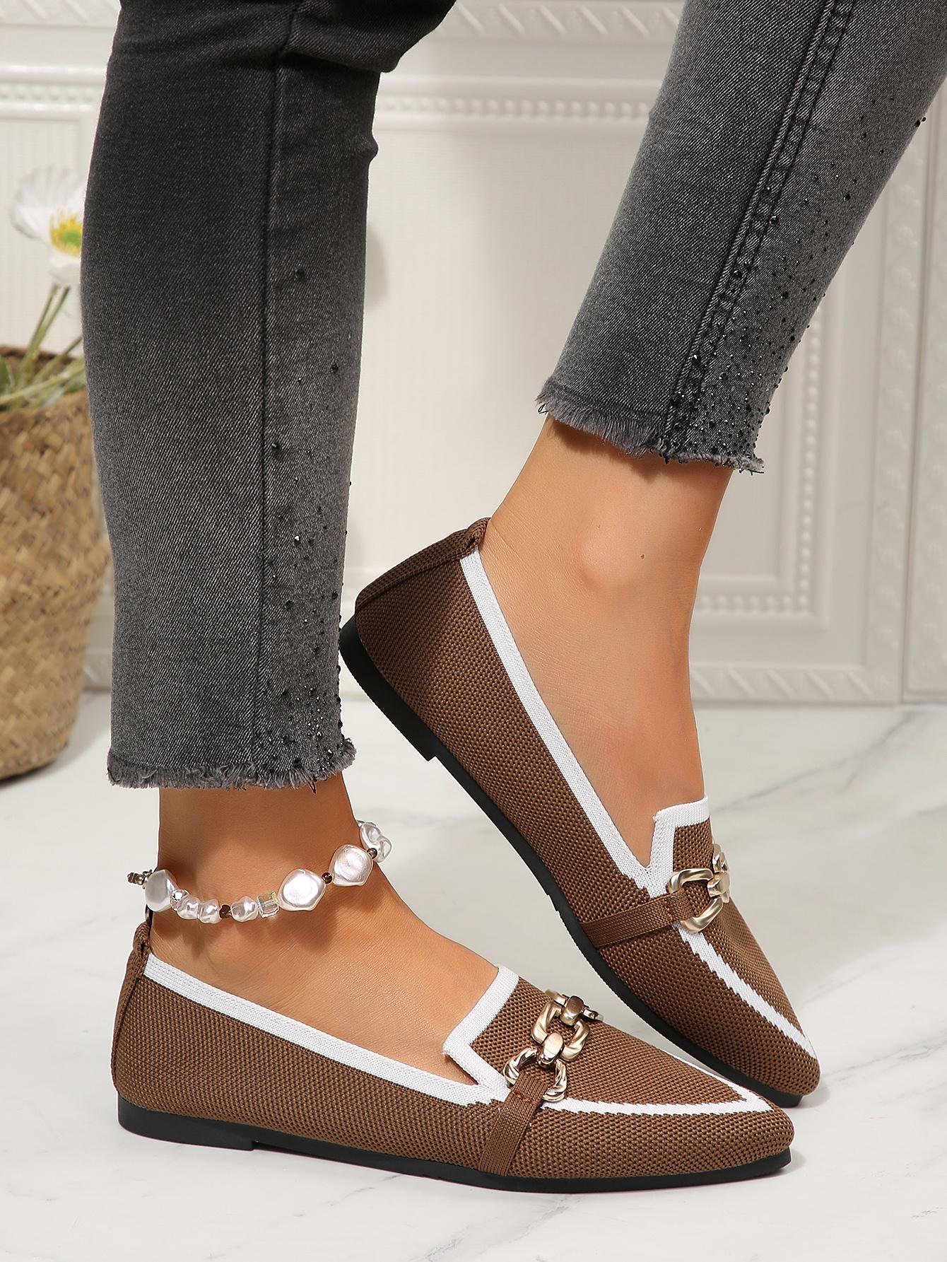 1 Pair Women's  Colorblock Knit Pointed Toe Metal Buckle Flat Loafers, Minimalist Commute Style Breathable Slip-On Shoes, Versatile Elegant Comfortable Professional Footwear for Office Work