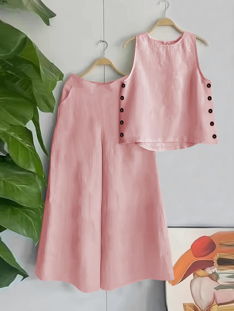 Women's Solid Tank Top & Pocket Wide Leg Pants Set, Matching Clothing Set, Elegant Fashion Casual Two-piece Outfits for Daily Outdoor Wear, Women Clothing for Summer