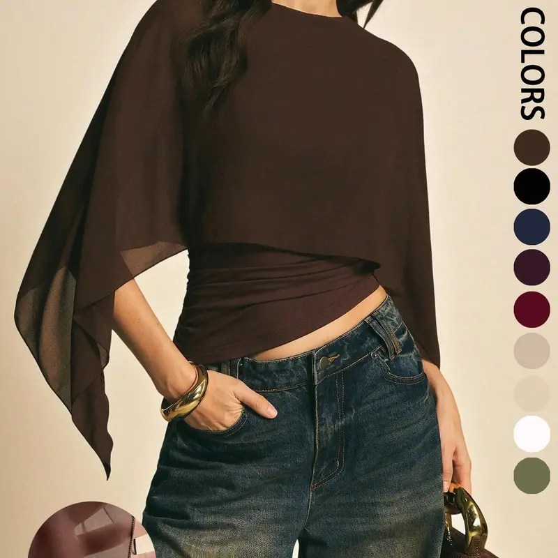 Elegant Minimalist Asymmetrical Basic Blouse Shirts for Women, Round Neck, Batwing Sleeve Design, Perfect for Daily Wear & Casual, Stylish Ladies' Top