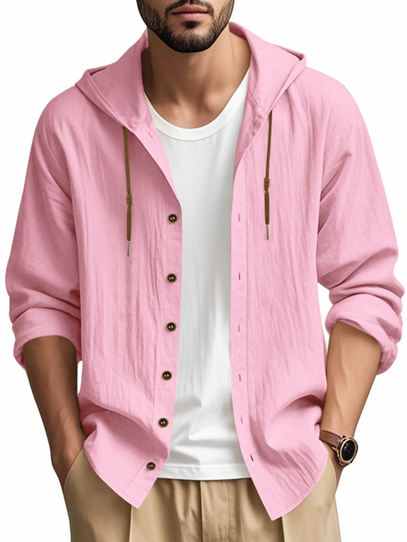 Hooded Linen Long Sleeve Shirt Jacket, Hawaiian Style Casual Loose Fit, Drawstring & Button Design, Spring & Fall Fashion, Beach Vacation Essential