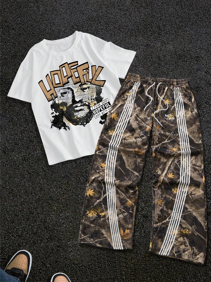 Men's Letter Print Short Sleeve Graphic Tee & Side Stripe Drawstring Waist Pants Two-piece Set, Regular Fit Round Neck T-shirt & Pocket Trousers, Casual Fashion Cozy Breathable Men Outfits for Spring & Fall