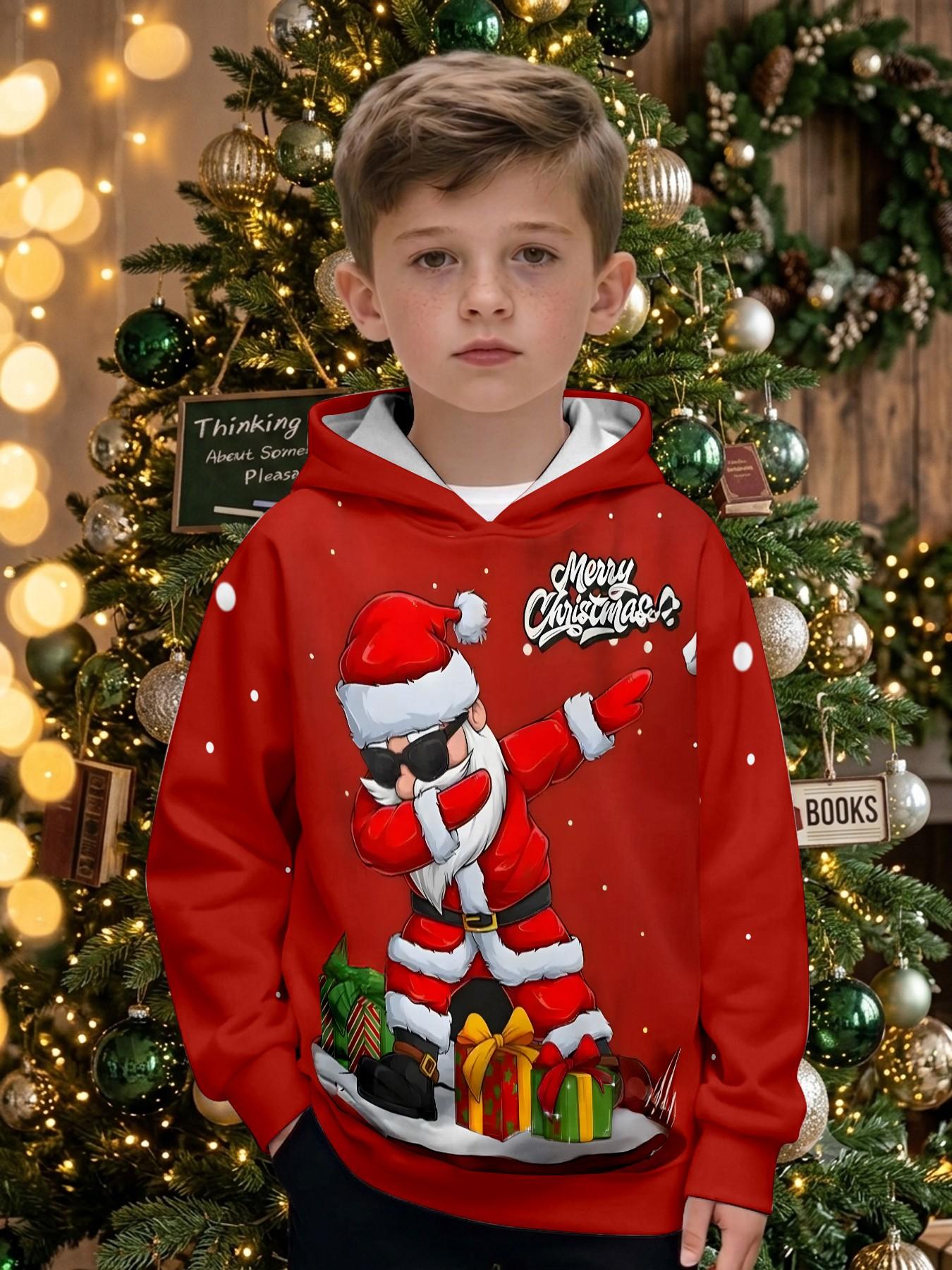 Christmas Santa Hat Hoodie for Boys, Long Sleeve Loose-Fit Casual Top, All over Print, Fall & Winter Festival