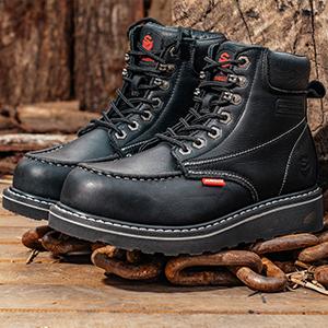 SUREWAY 6” Mens Heavy Duty Soft/Steel/Composite Toe Work Boots for Men,Comfortable & Durable,Goodyear Welt,Full Grain Leather,Oil/Slip Resistant,Wedge Moc Toe Industrial Construction Boots/Shoes