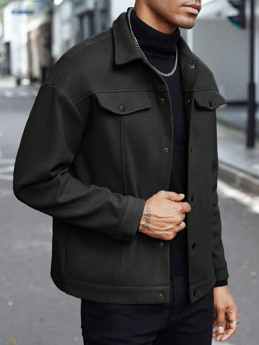 Men's Plain Color Flight Jacket for Autumn and Winter, Classic Stand-up Collar Design with Single-row Button Closure, American Vintage Coat, Back-to- Jacket, Motorcycle Suit. Casual Fashionable Jacket Workwear Jackets Casual Fitted Jackets Collared Jacket