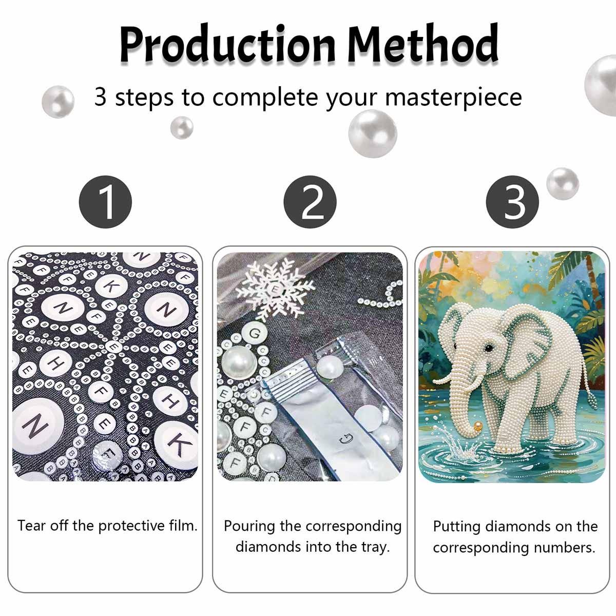 DIY Pearl Painting Kit, Frameless Elephant Design, Self-Stick Canvas with Tools, Home Wall Art, 3D Mosaic, Cross Stitch Set, Gift for Friends