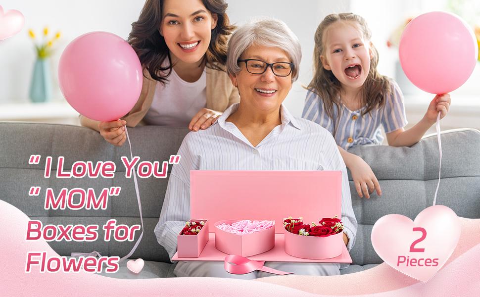 2 Pack ''MOM'' ''I Love You'' Flower Gift Letter Box Empty Cardboard Fillable Paper Gift Box Flower Chocolate Packaging Fillable Box for DIY Mother's Day Gifts Grandma Stepmother Birthday（Flowers not included）
