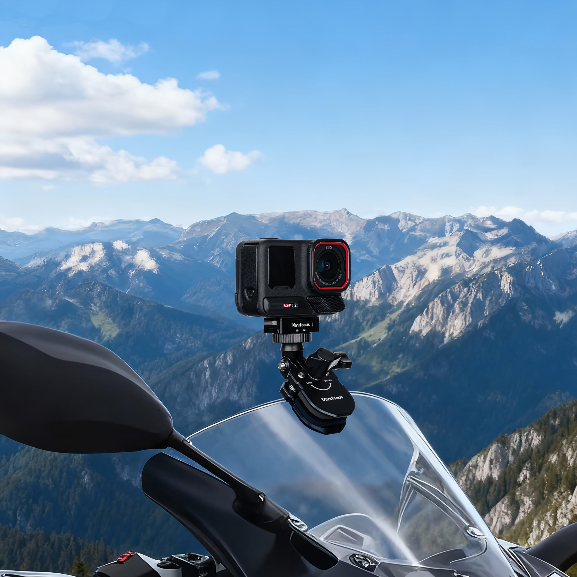 Motorcycle Windshield Camera Mount Holder, Aluminum Alloy, Quick Release + 1/4" Adapter, Compatible with Gopro Dji Insta360