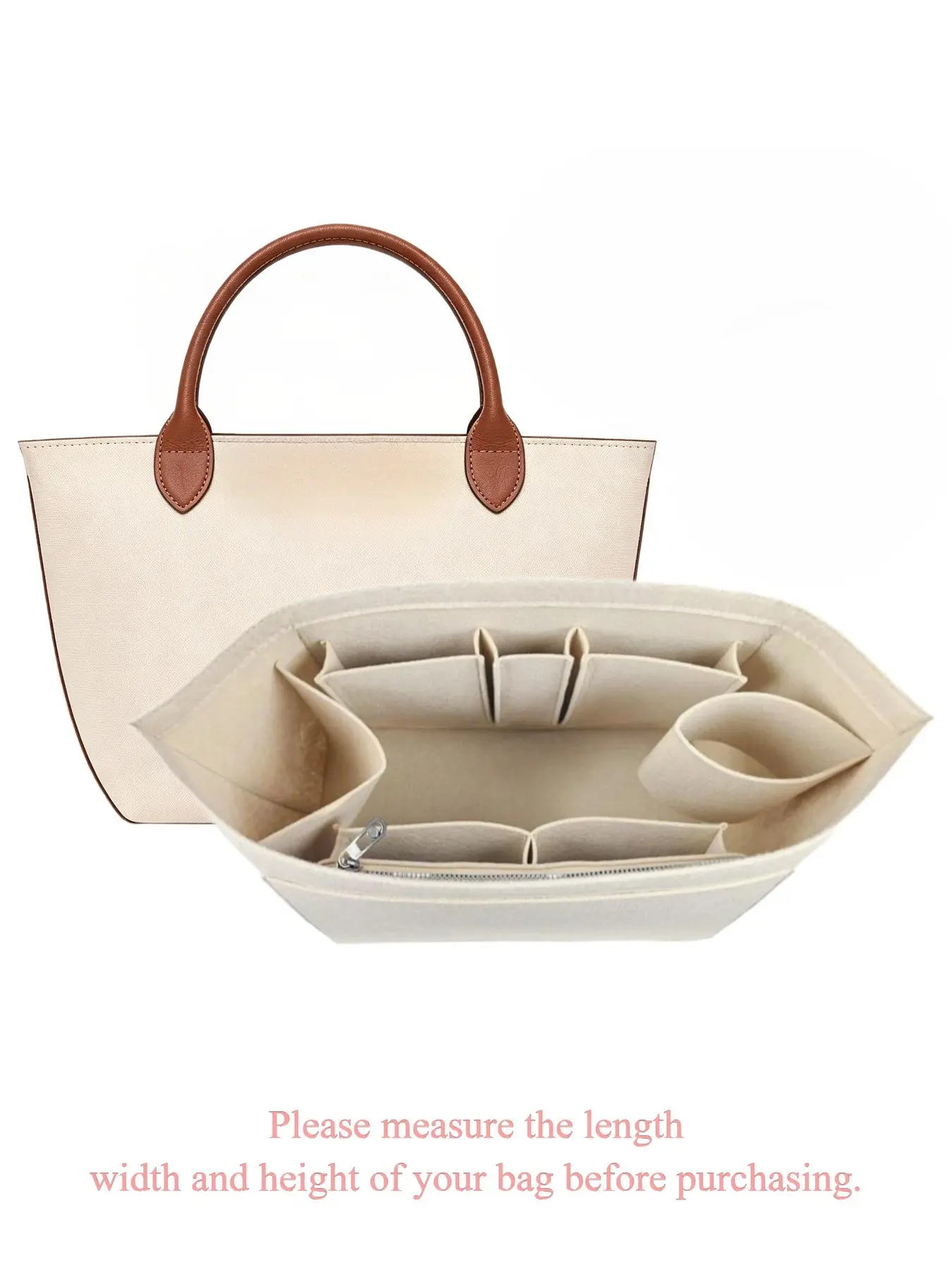 Multi-Pocket Felt Bag Organizer Insert, Multi Compartment, Purse & Tote Shaping Liner with Zipper Pocket, Solid Color Handbag Divider Compatible with Le Pliage