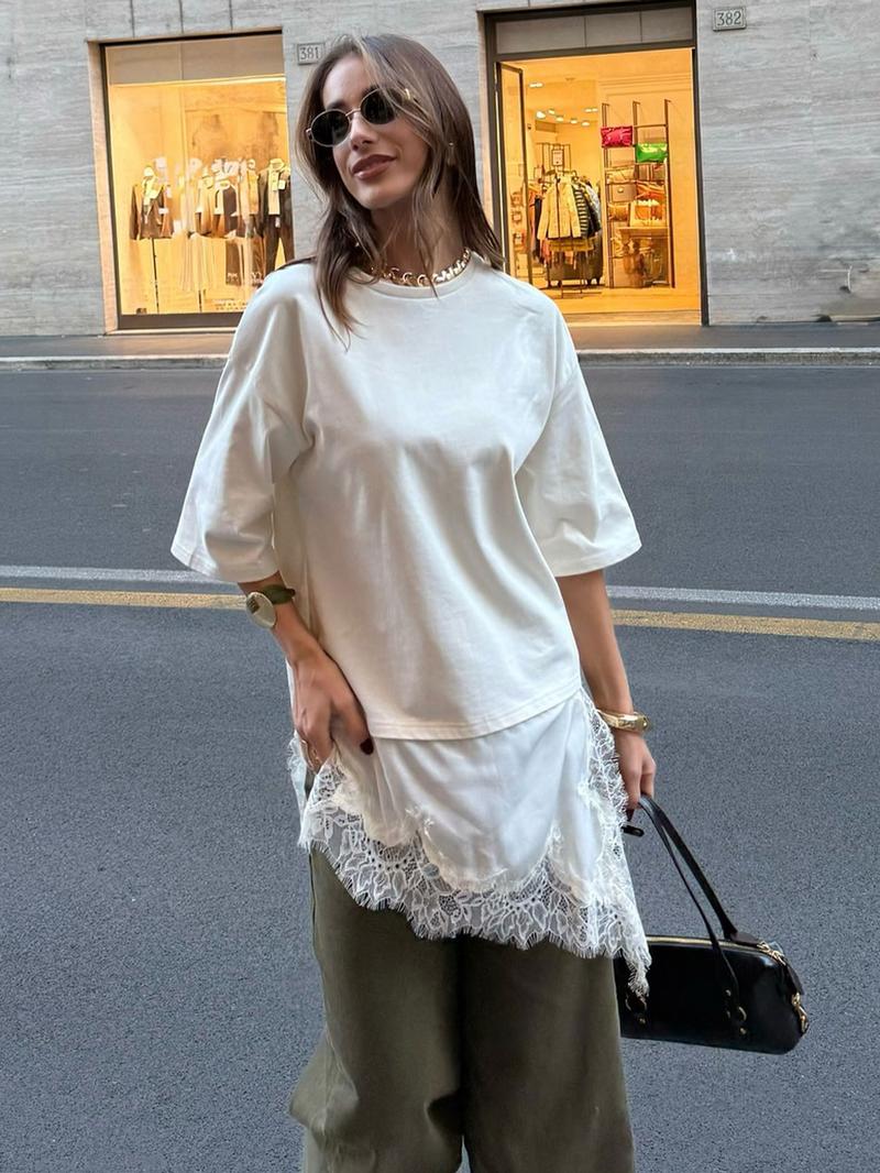 Women's Lace Patchwork Dress, Oversized Fit, Asymmetric Lace Hem, Half Sleeve, Casual Street Style, Spring & Fall Fashion